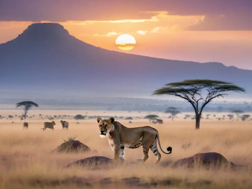 Espléndido amanecer en la llanura del Serengeti, con leonas y cachorros vagando en armonía