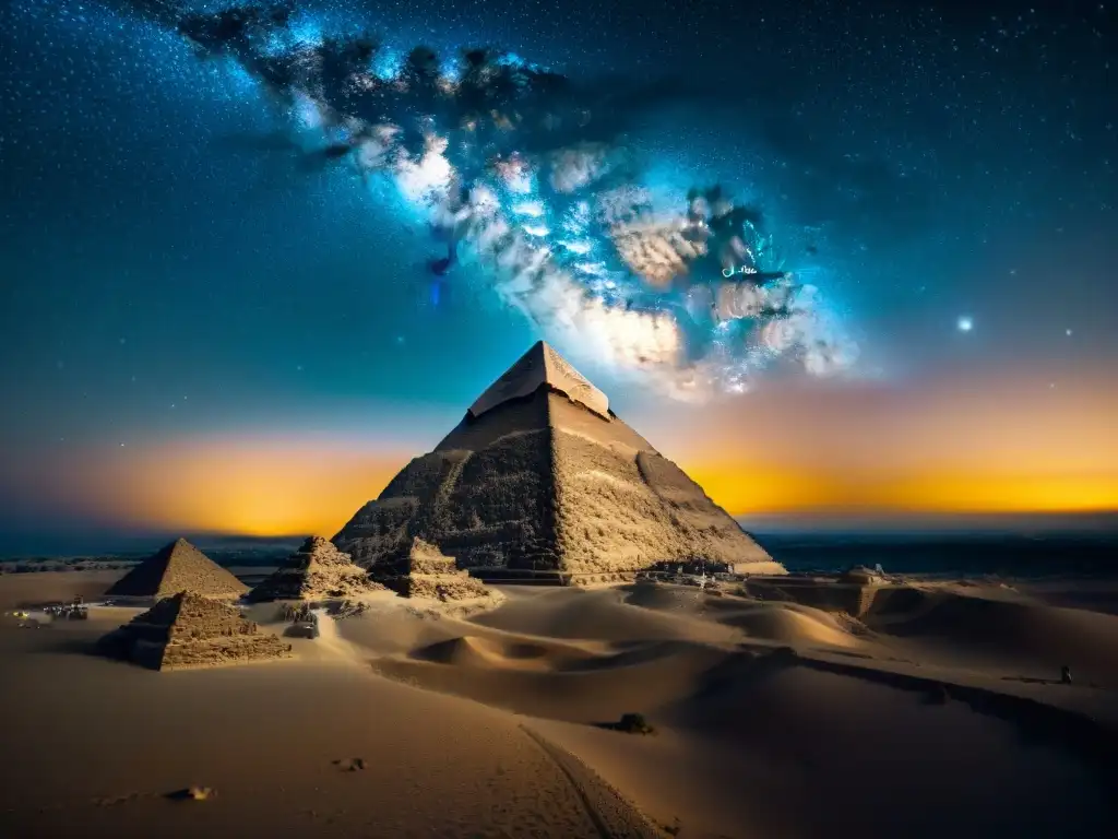 'Esplendor ancestral: Las Pirámides de Giza iluminadas bajo un cielo estrellado, resaltando la importancia astronomía civilizaciones africanas