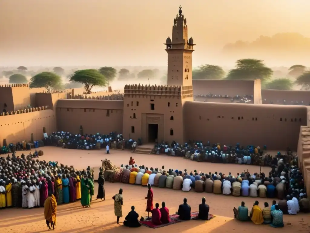 Esplendor de la Gran Mezquita de Djenné en Mali durante ceremonia religiosa con influencia de los Imperios del Sahel