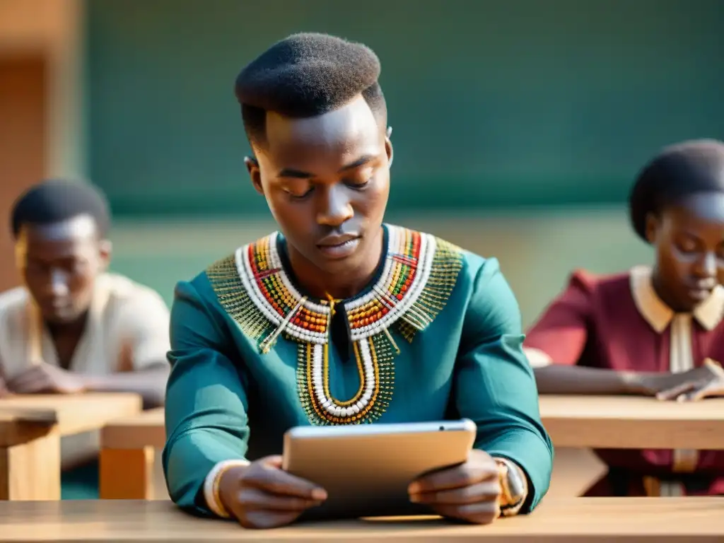 Estudiante africano usando aplicación móvil para estudiar civilizaciones africanas en aula moderna