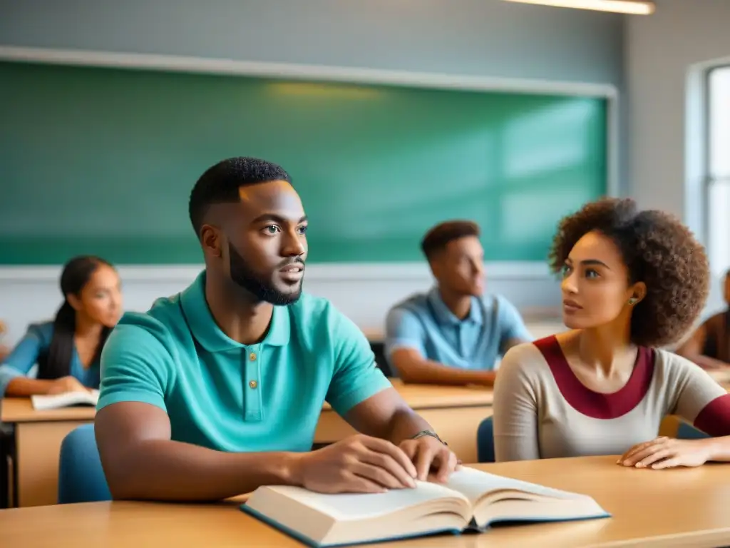 Estudiante africano comparte historia africana en currículos globales en aula multicultural