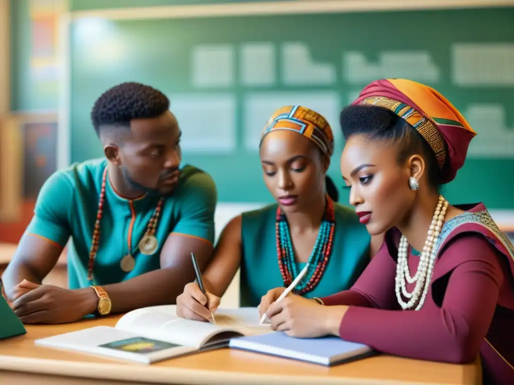 Estudiantes africanos participan en animada discusión en aula multicultural, reflejando influencia diáspora africana educación multicultural