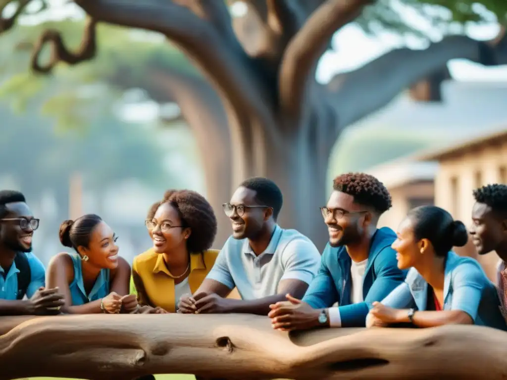 Estudiantes africanos colaborando bajo un árbol en un campus