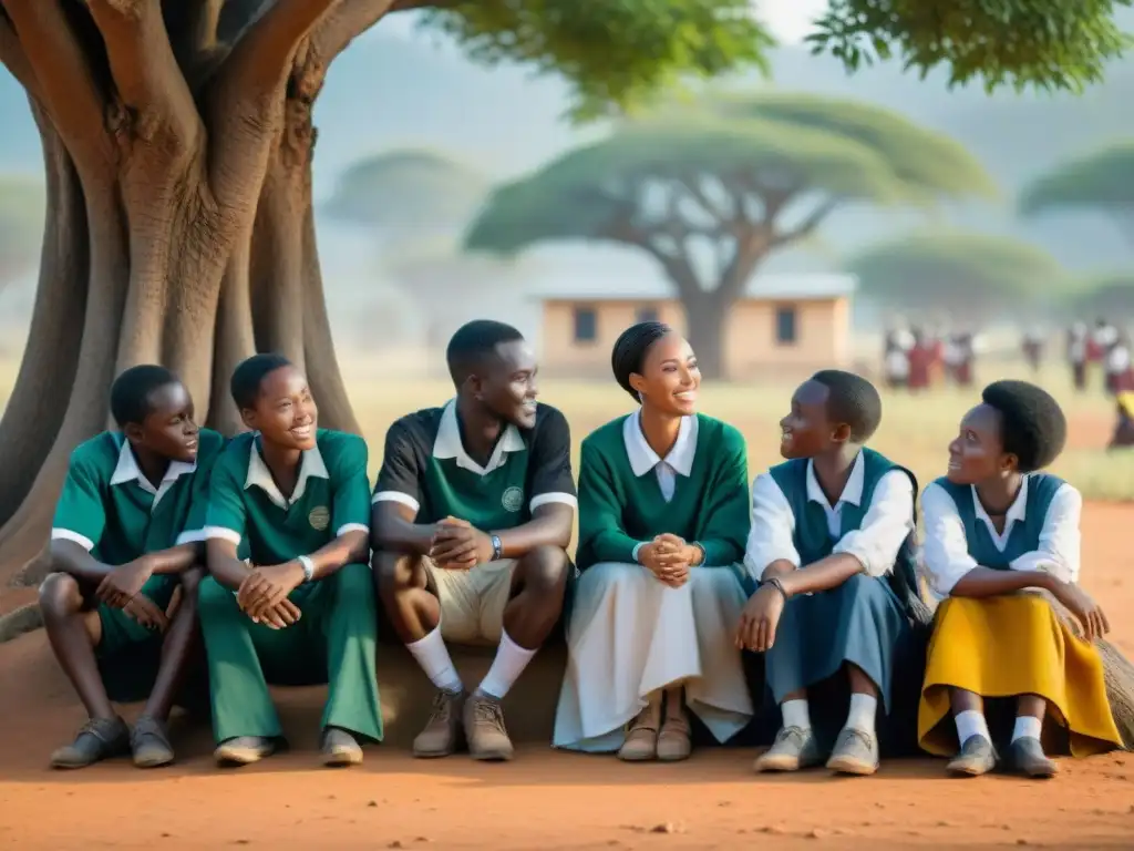 Estudiantes africanos debaten bajo un árbol, resaltando la importancia de la autoexploración en la educación africana