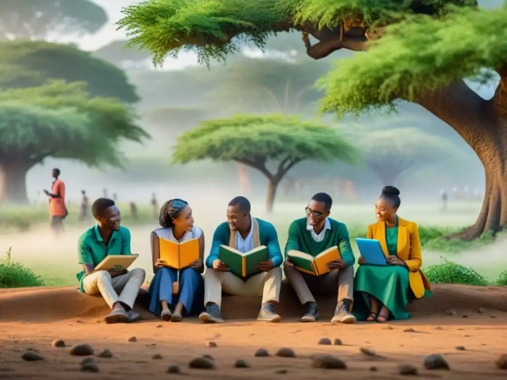 Estudiantes africanos colaboran bajo un árbol, mezclando libros y tecnología educativa