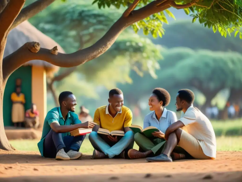 Estudiantes africanos bajo un árbol, hablando y leyendo libros en diferentes idiomas, con huts y vegetación detrás