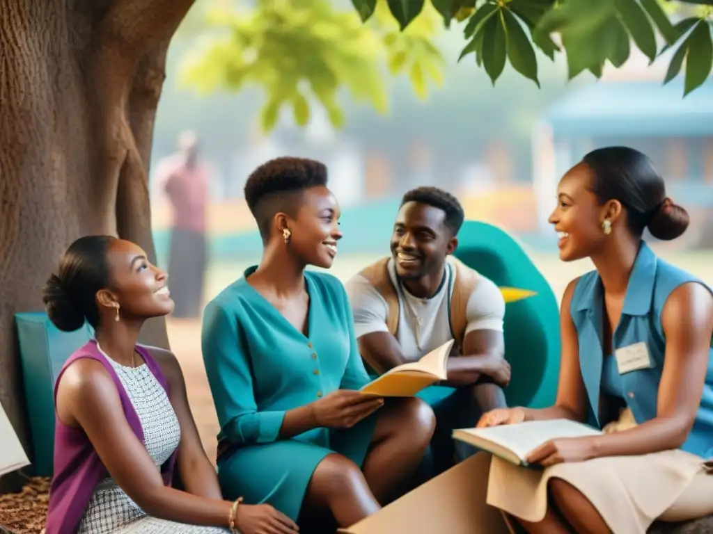 Estudiantes africanos debatiendo bajo un árbol, rodeados de libros y carteles educativos