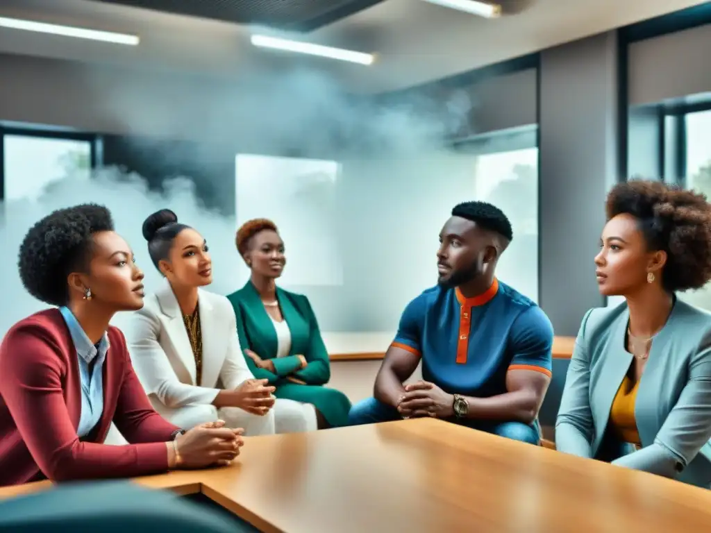 Estudiantes africanos debaten en aula moderna, fusionando mitología africana y ciencia moderna