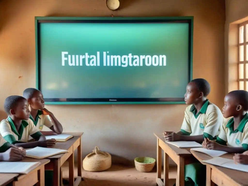 Estudiantes africanos en aula rural, aprendiendo conceptos digitales en pantalla interactiva