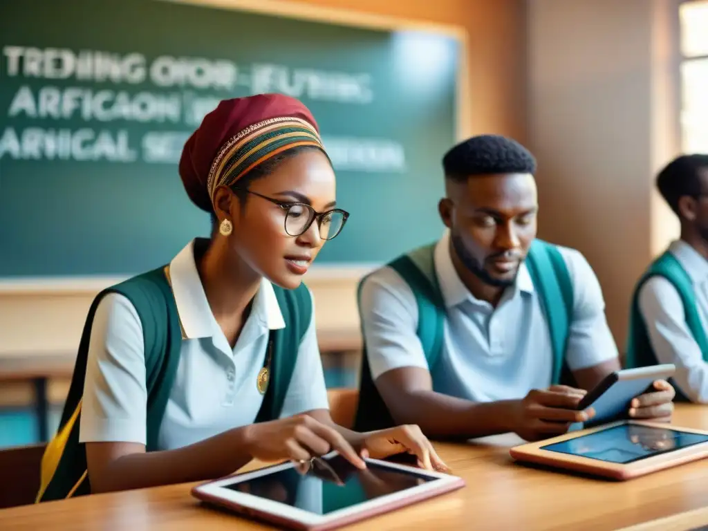 Estudiantes africanos colaborando en aula con tecnología y herramientas tradicionales, destacando plataformas de IA para educación en África