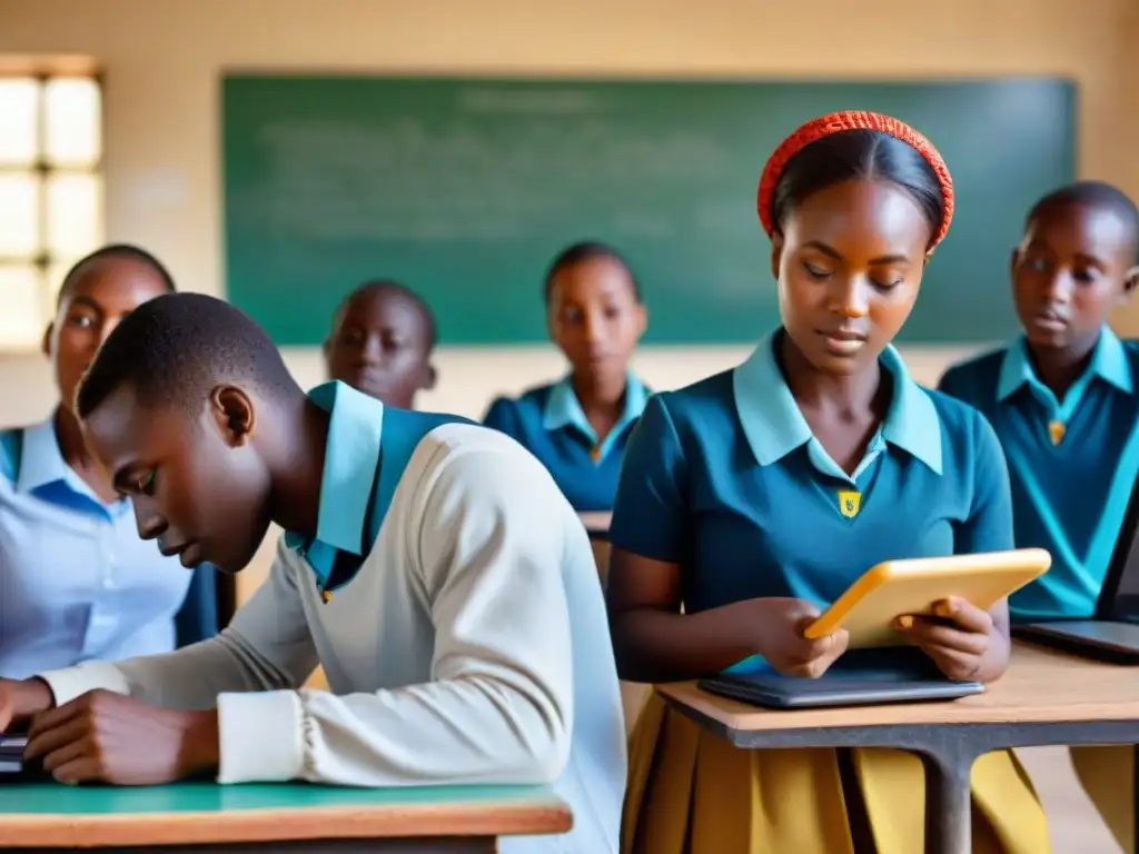 Estudiantes africanos en aula tecnológica con tabletas: Tecnología educativa en África