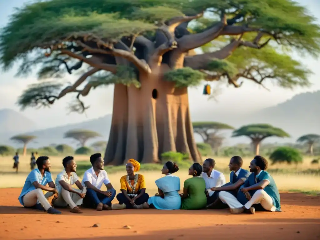 Estudiantes africanos debatiendo bajo un baobab, simbolizando la educación superior africana impacto global