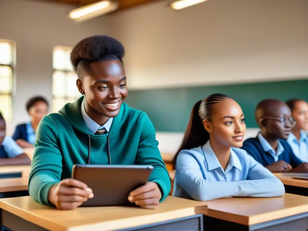 Estudiantes africanos participan activamente en una clase tecnológica con Plataformas de IA para educación en África