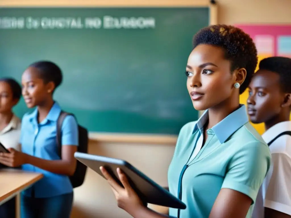 Estudiantes africanos diversificados usando tablets en aula moderna, con pósters educativos coloridos en las paredes y profesor apasionado