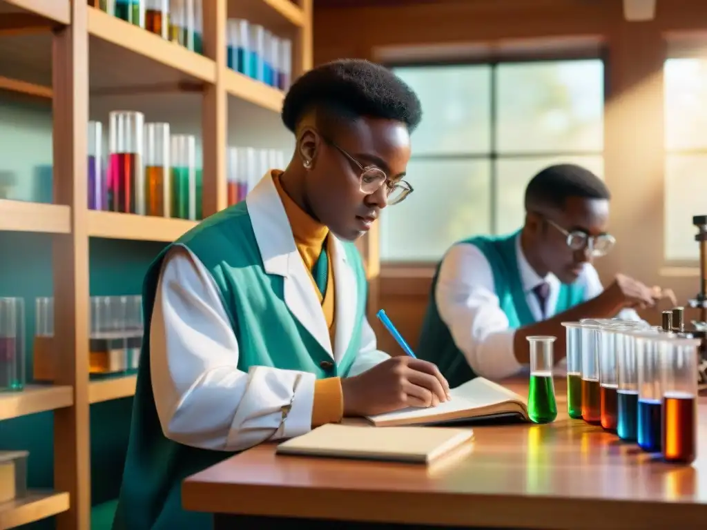 Estudiantes africanos realizan experimento científico con vestimenta tradicional rodeados de material educativo