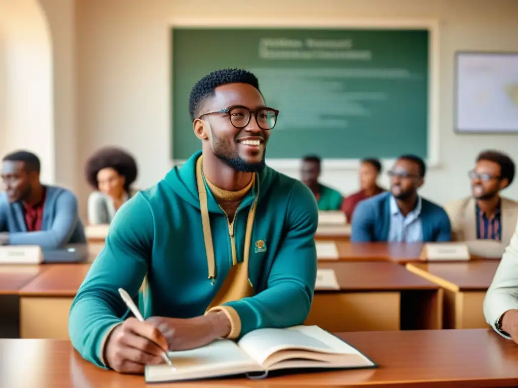 Estudiantes africanos y extranjeros dialogan en aula moderna, resaltando impacto global en educación superior africana