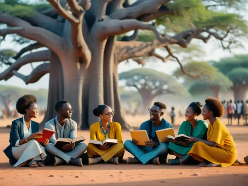 Estudiantes africanos bajo baobab, símbolo de identidad africana, aprendizaje y colaboración