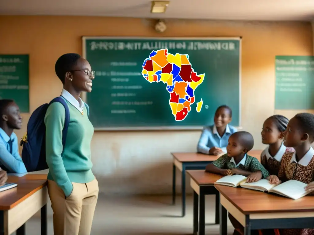 Estudiantes africanos inmersos en educación bilingüe en África, combinando tradición y tecnología