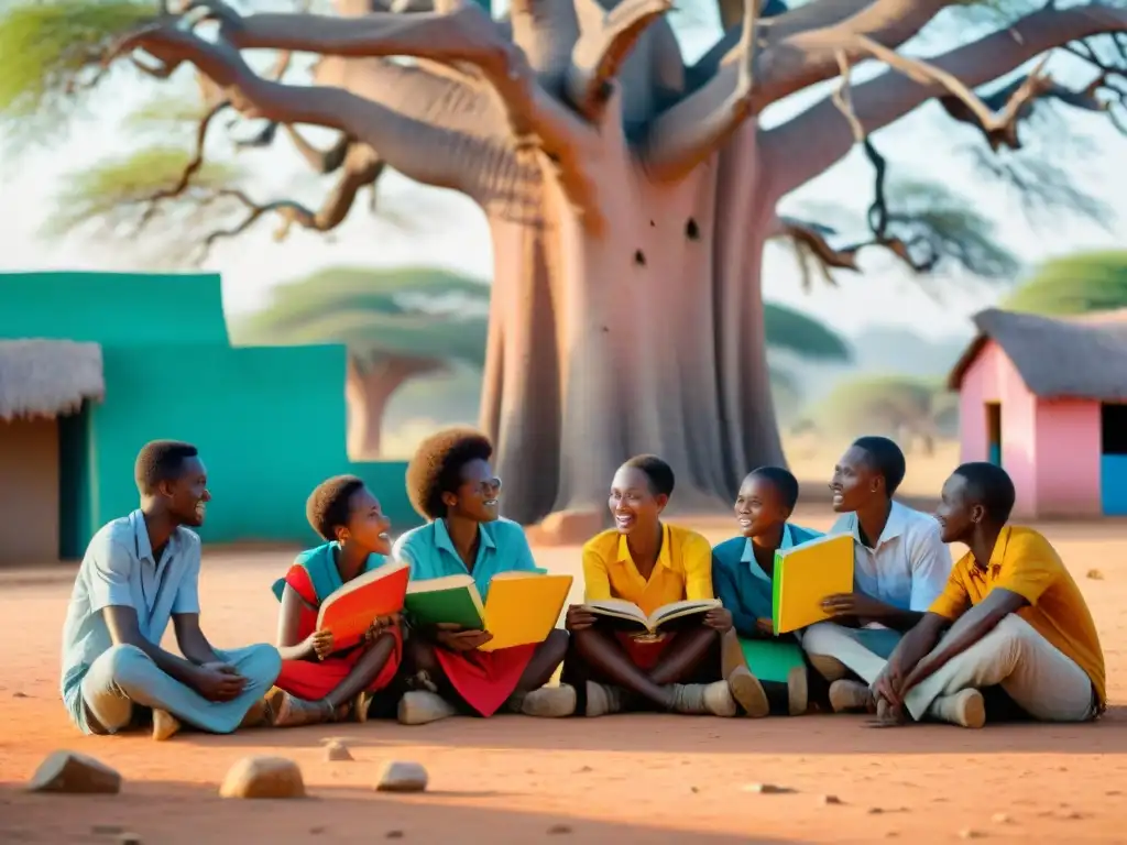 Estudiantes africanos revitalizando lenguas bajo baobab en aldea tradicional