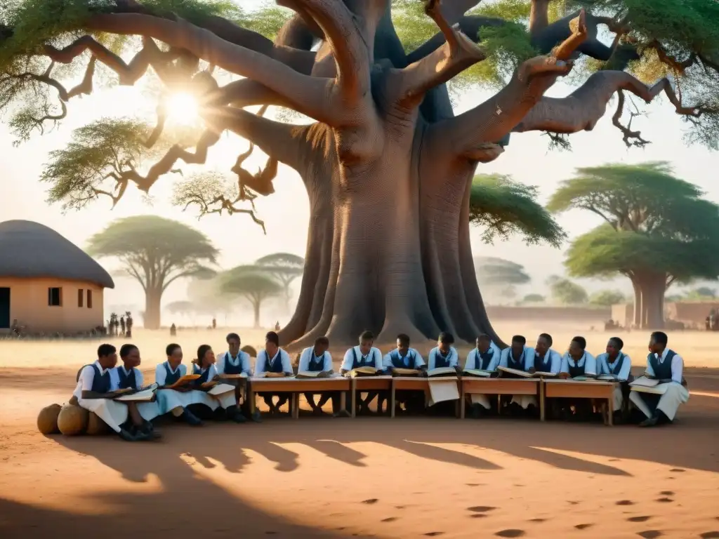 Estudiantes africanos estudian con maestro británico bajo árbol baobab: fusión de educación británica y entorno africano