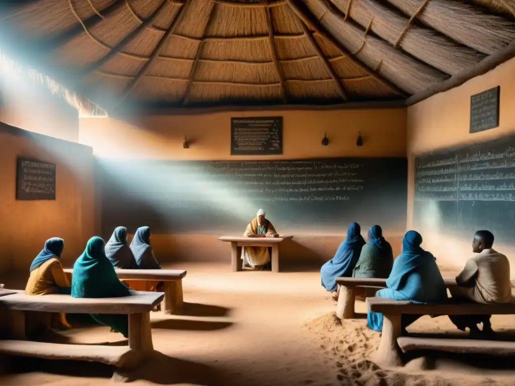 Estudiantes africanos estudian bajo techo de paja en una clase tradicional saheliana, con pizarrón lleno de dibujos históricos