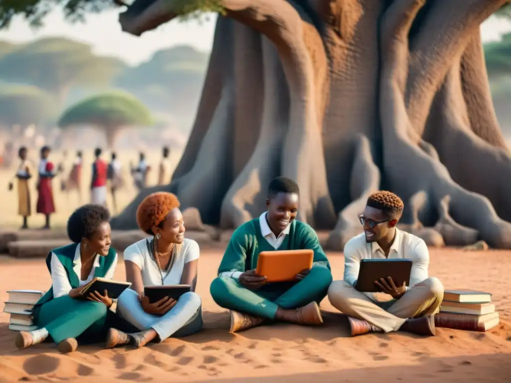 Estudiantes africanos usando tecnología bajo un árbol, fusionando historia y plataformas educativas africanas