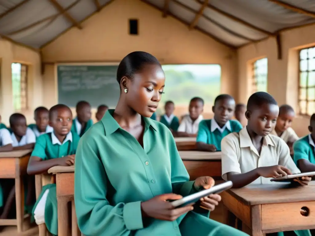 Estudiantes africanos usando tecnología educativa en una escuela rural