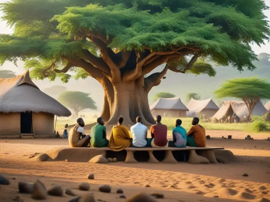 Estudiantes escuchando a un anciano bajo un árbol en un vibrante pueblo africano, contando historias de los Reinos africanos