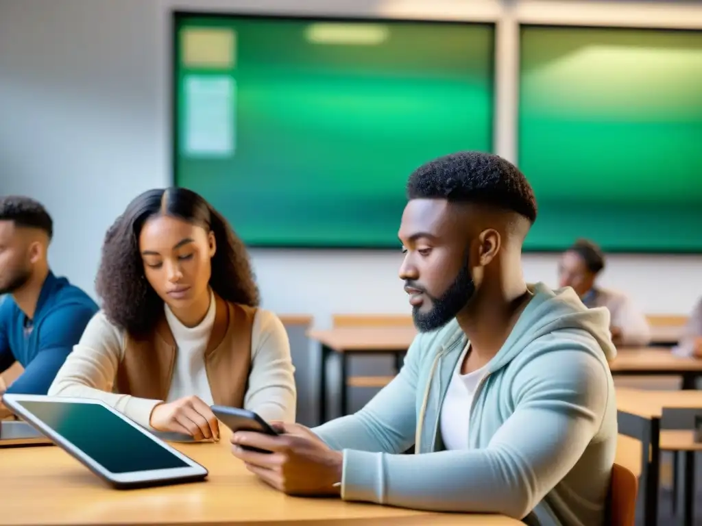 Diversos estudiantes usan aplicaciones móviles para estudiar civilizaciones africanas en un aula multicultural