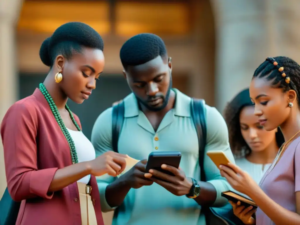 Estudiantes usan aplicaciones móviles para estudiar civilizaciones africanas, rodeados de libros y artefactos históricos