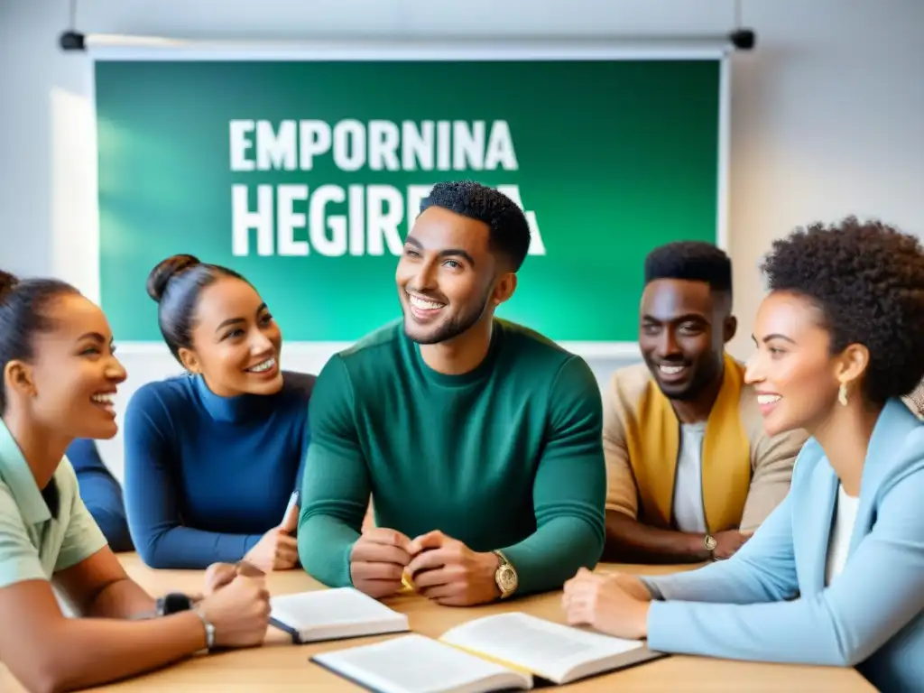 Estudiantes diversos discuten animadamente en aula moderna, reflejando empoderamiento y legado diáspora africana