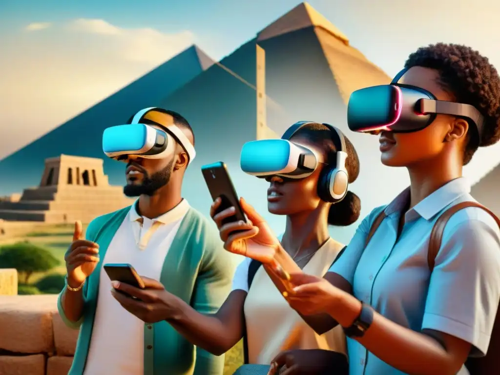 Estudiantes explorando civilizaciones africanas en realidad virtual con aplicaciones móviles educativas