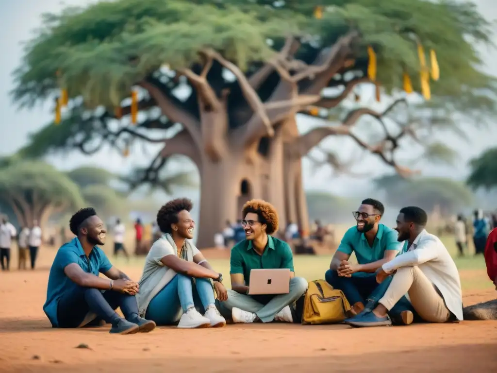 Estudiantes de diferentes culturas intercambian ideas bajo un baobab en África