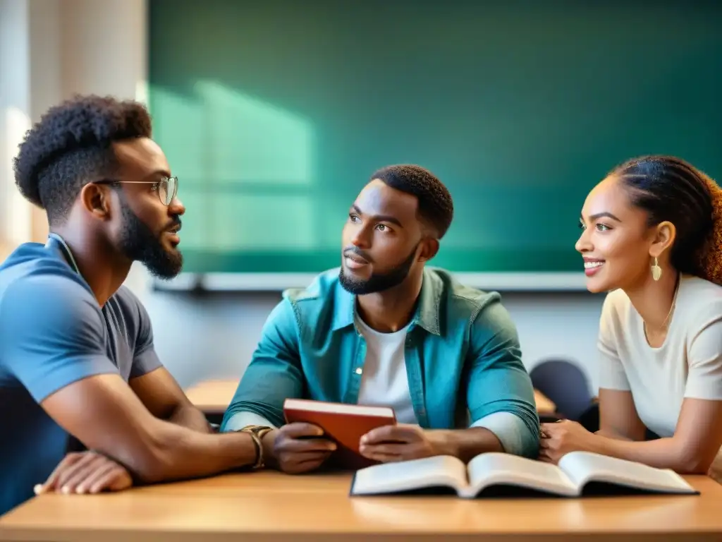 Estudiantes de la diáspora africana debatiendo en un aula universitaria, reflejando la diversidad en la educación superior