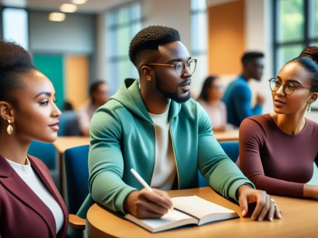 Estudiantes de la diáspora africana colaborando en un aula universitaria moderna