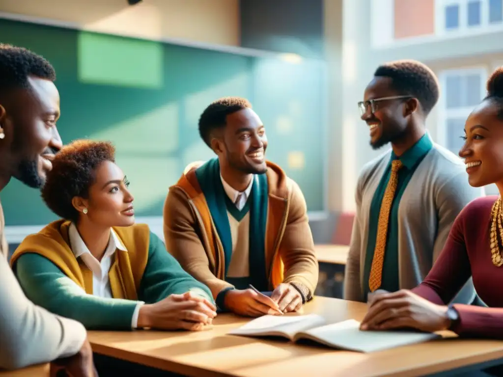 Estudiantes de la diáspora africana discuten en un aula universitaria moderna y vibrante