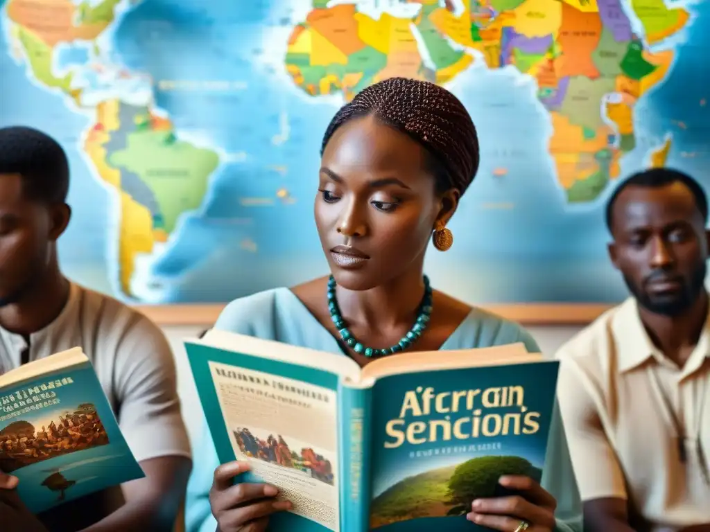 Estudiantes diversidad leen libros con influencia civilizaciones africanas