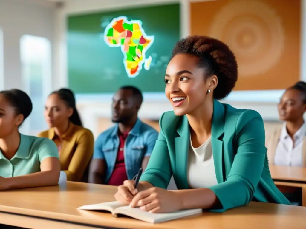 Estudiantes diversos debaten con entusiasmo en aula equipada con material educativo sobre África