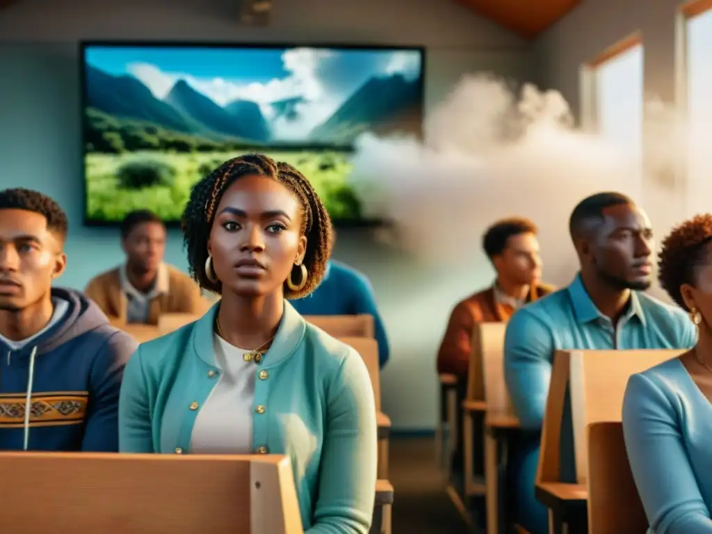 Estudiantes fascinados viendo cine africano en aula multicultural, reflejando importancia del cine africano en educación