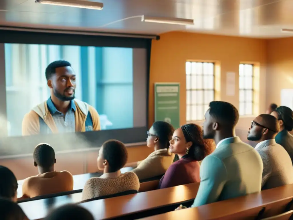 Estudiantes fascinados viendo cine africano en clase, fomentando la importancia del cine africano en educación intercultural