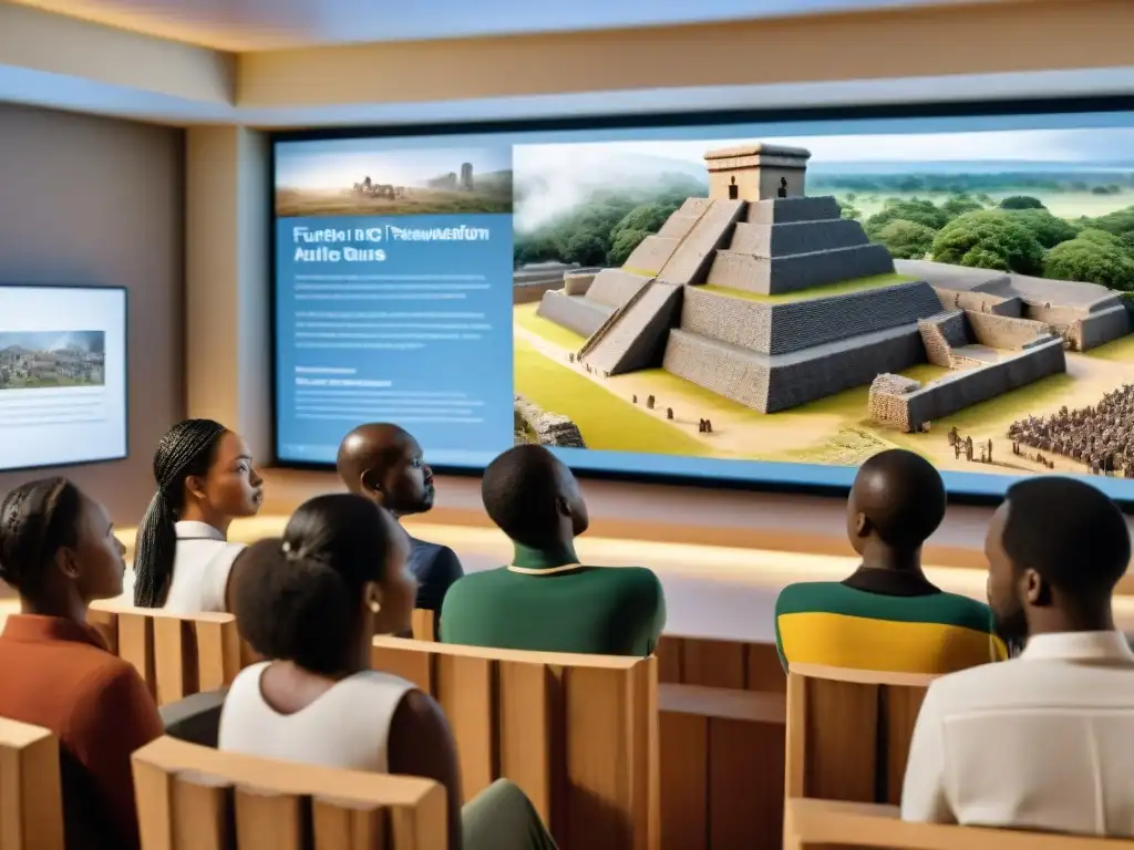 Estudiantes fascinados observan la reconstrucción 3D de Great Zimbabwe en pantalla interactiva, fusionando educación tradicional con tecnología