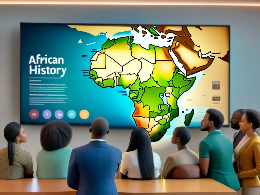 Estudiantes interactúan con juegos interactivos historia africana en pantalla digital educativa