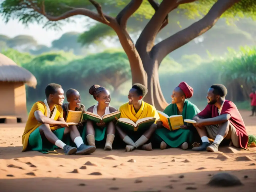 Estudiantes aprendiendo lenguas africanas literatura bajo árbol en aldea vibrante, concentrados y emocionados