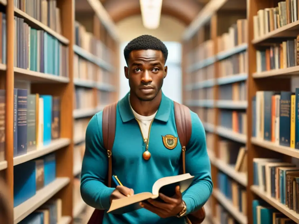 Estudiantes de todo el mundo leyendo sobre historia africana rodeados de libros y artefactos históricos