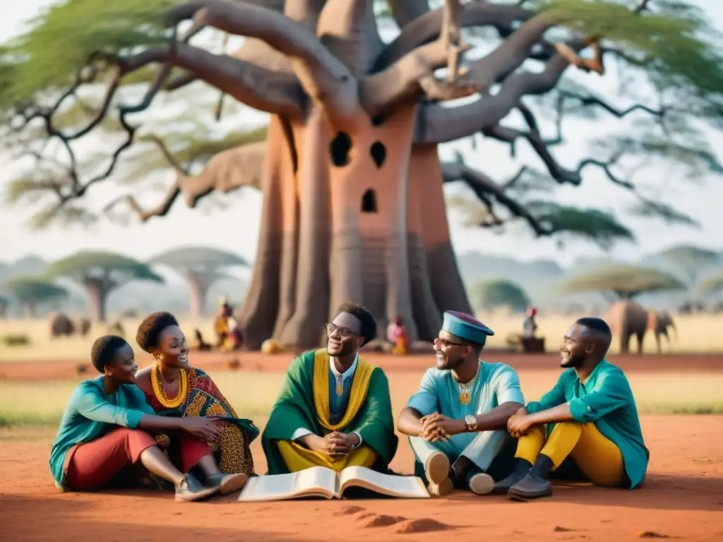 Estudiantes universitarios africanos debaten bajo un baobab, fusionando sabiduría ancestral con conocimiento moderno