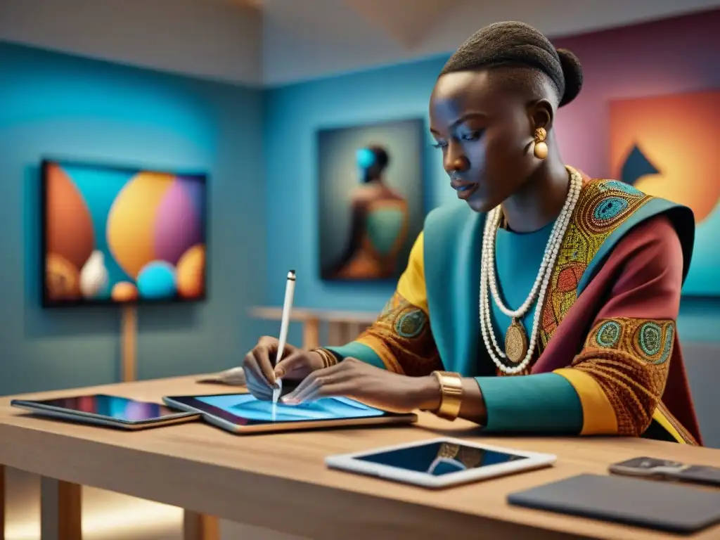 Un estudio de arte moderno con jóvenes artistas africanos creando obras digitales vibrantes en tablets