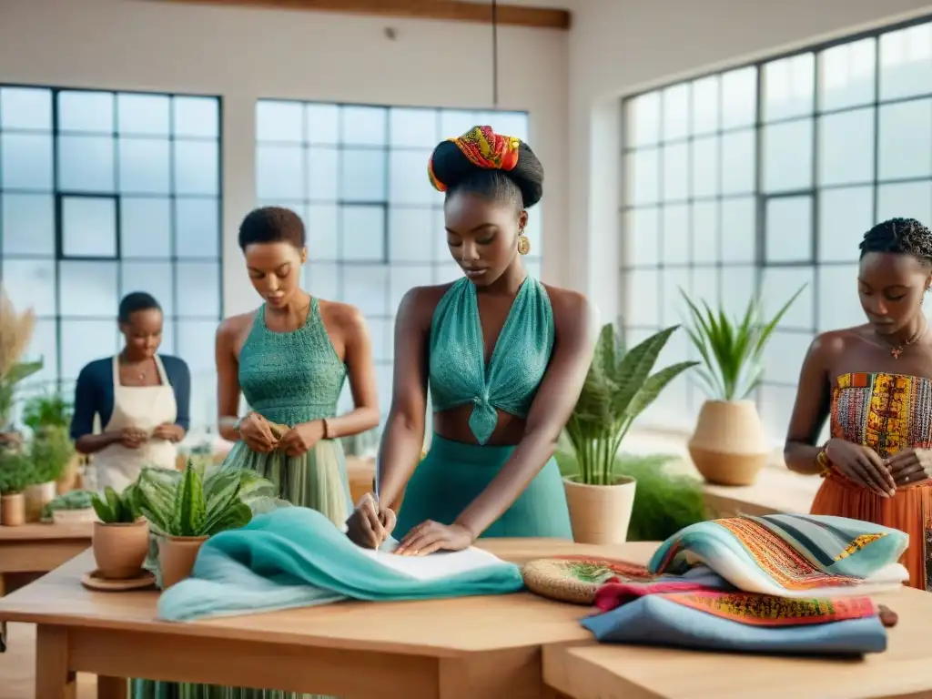 Un estudio luminoso y colorido con diseñadores africanos creando moda sostenible en armonía