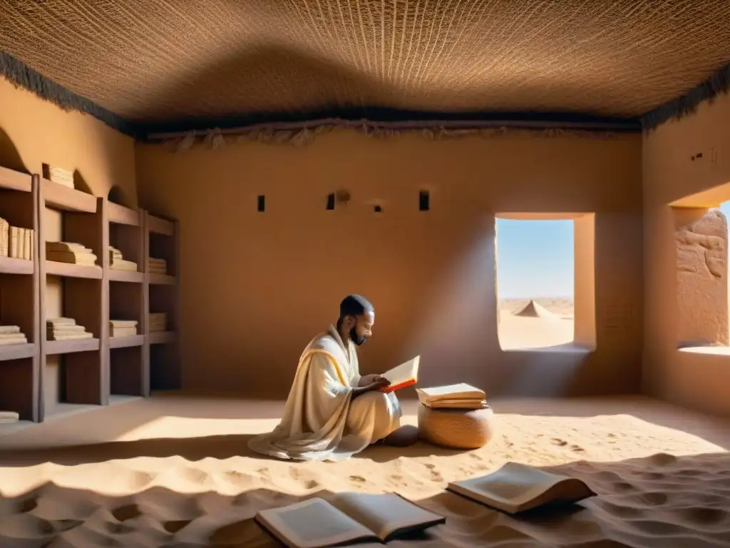 Estudio en la Universidad de Sankore en Timbuktu, rodeado de antiguos manuscritos bajo el sol del Sahara