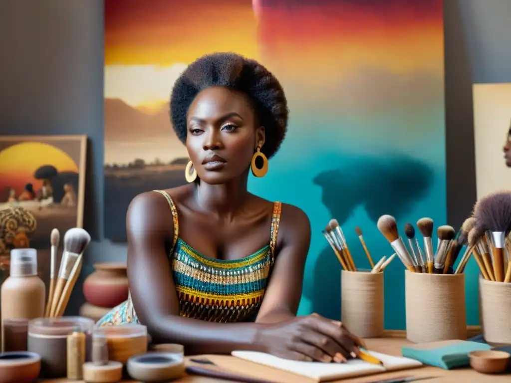 Artistas africanas creando en un estudio vibrante Un estudio soleado rebosante de arte africano, donde mujeres diversas crean con pasión