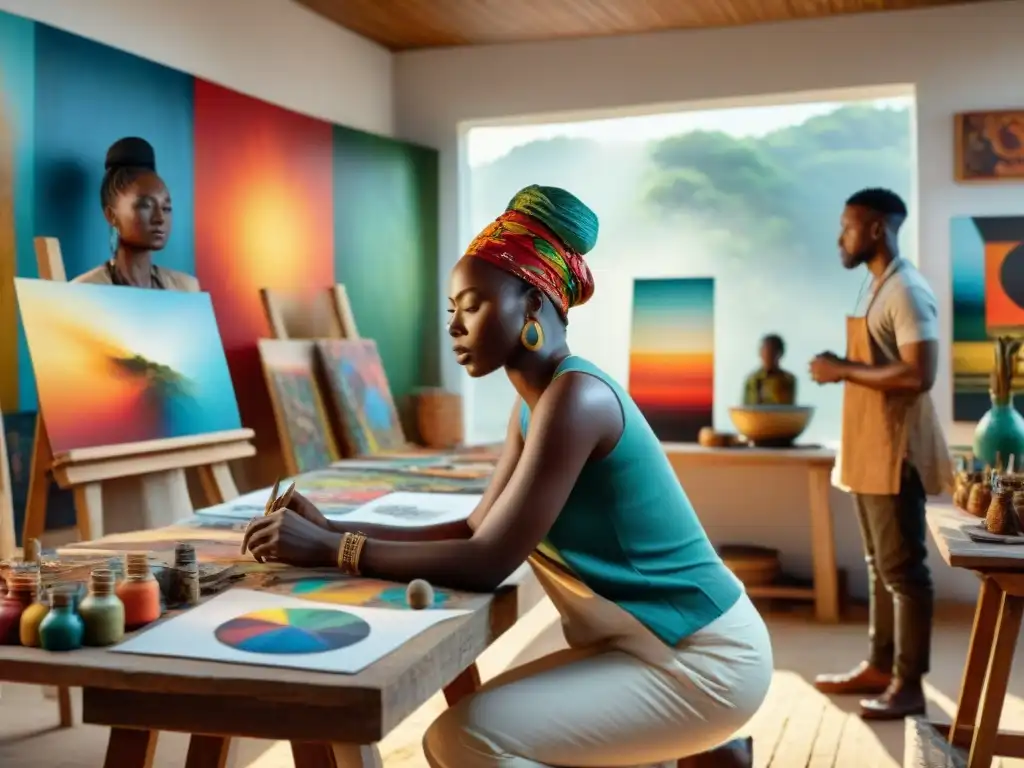 Un estudio vibrante en África con artistas creando obras de arte poderosas